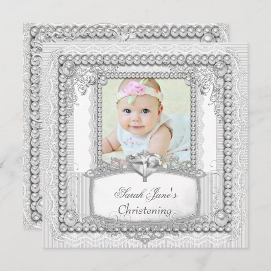 ベビーガール《キリスト教》洗礼式や命名式バプティスパールレース 案内状 (正面/裏面)