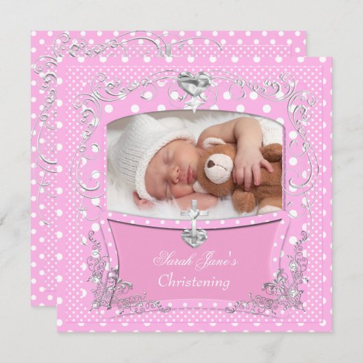 ベビーガール《キリスト教》洗礼式や命名式バプティスピンク水玉模様2 招待状 (正面/裏面)