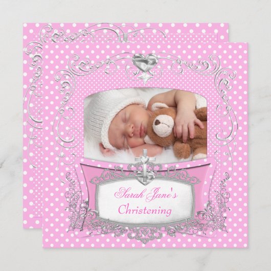 ベビーガール《キリスト教》洗礼式や命名式バプティスピンク水玉模様 案内状 (正面/裏面)