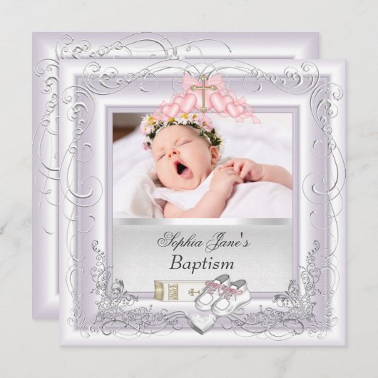 ベビーガール《キリスト教》洗礼式や命名式バプティスホワイトピンク 案内状 (正面/裏面)
