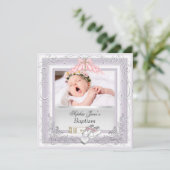 ベビーガール《キリスト教》洗礼式や命名式バプティスホワイトピンク 案内状 (スタンド正面)