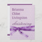 ベビーガール《キリスト教》洗礼式や命名式パープルダマスクメタリック 招待状 (正面/裏面)