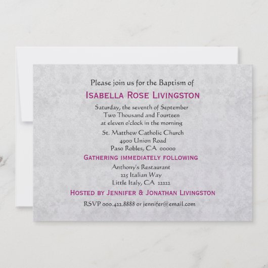 ベビーガール《キリスト教》洗礼式や命名式ピンクダマスクメタリック 招待状 (裏面)