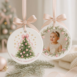 ベビーガール ピンクの初めてのクリスマス フォト 陶器 オーナメント