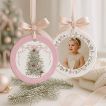 ベビーガール ピンクの最初のクリスマス 写真入り陶器 オーナメント