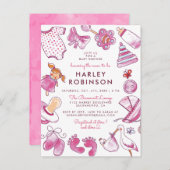 ベビーガール |ピンクの水色のおもちゃベビーシャワー インビテーションポストカード (正面/裏面)