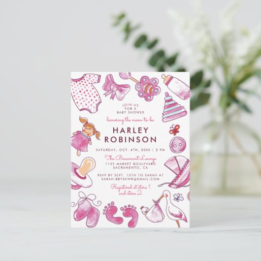 ベビーガール |ピンクの水色のおもちゃベビーシャワー インビテーションポストカード (スタンド正面)