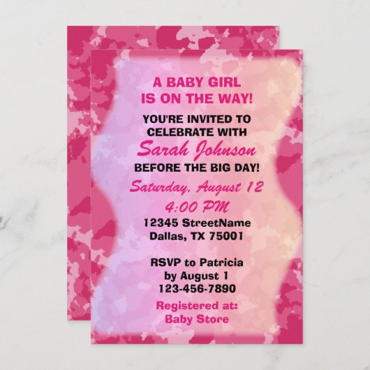 ベビーガール – ピンク迷彩柄をテーマにしたベビーシャワー招待状 招待状 (正面/裏面)