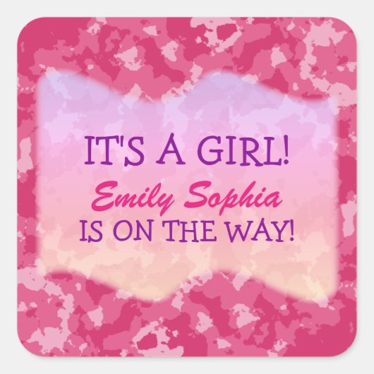 ベビーガール – ピンク迷彩柄をテーマにしたベビーシャワー スクエアシール (正面)