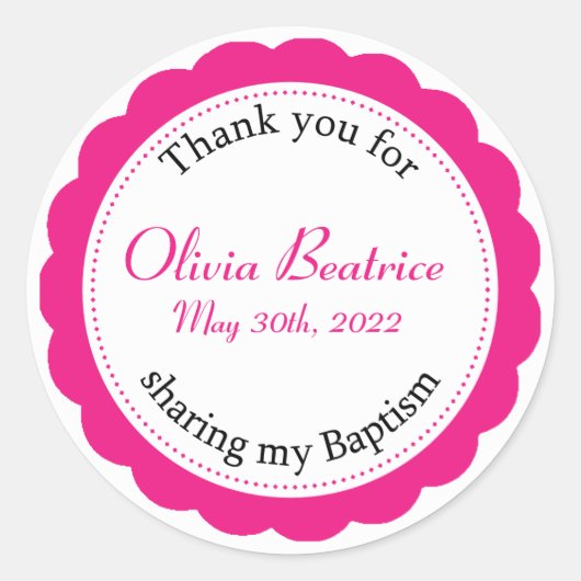 ベビーガール ピンク ありがとう 洗礼 ラウンドシール (正面)