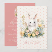 ベビーガール ピンク ウサギと花のベビーシャワー 招待状 (正面/裏面)