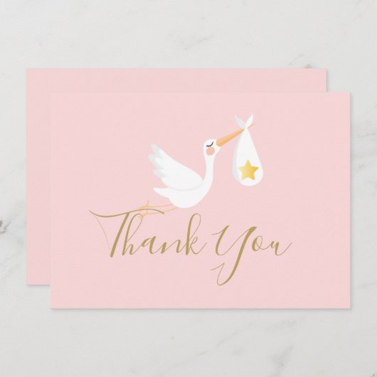 ベビーガール ピンク ストーク ゴールドスター スクリプト サンクス サンキューカード (正面/裏面)