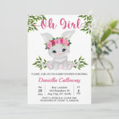 ベビーガール ピンク フラワー ウサギ ベビーシャワー 招待状 (スタンド正面)