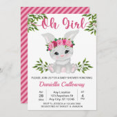 ベビーガール ピンク フラワー ウサギ ベビーシャワー 招待状 (正面/裏面)