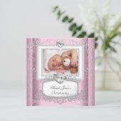 ベビーガール ピンク 洗礼 十字架 白 招待状 (スタンド正面)