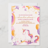 ベビーガール ユニコーン ゴールドグリッター ベビーシャワー 招待状 (正面)