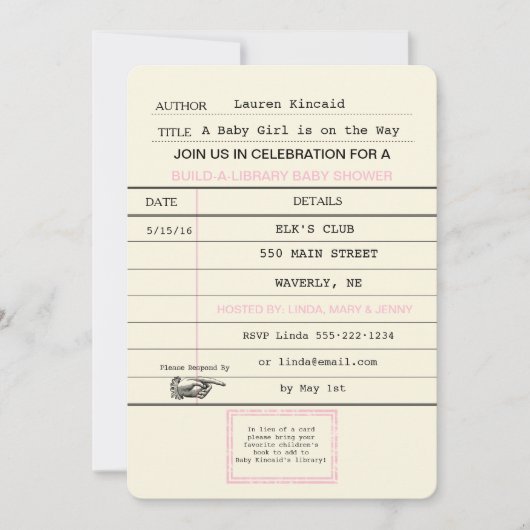 ベビーガール ヴィンテージ 図書館のカード 本のシャワー 招待状 (正面)