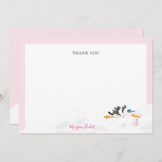 ベビーガール"特別配達"ストーク赤ちゃんシャワー サンキューカード (正面/裏面)