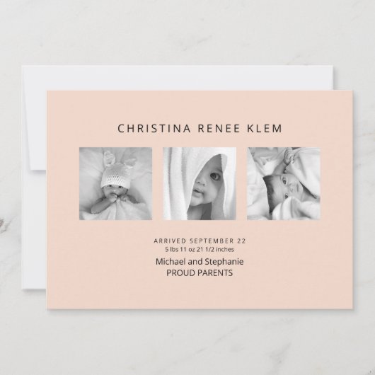 ベビーガールB/Wフォトコラージピーチモダン誕生 案内状 (正面)