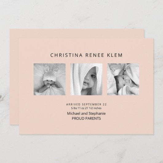 ベビーガールB/Wフォトコラージピーチモダン誕生 案内状 (正面/裏面)