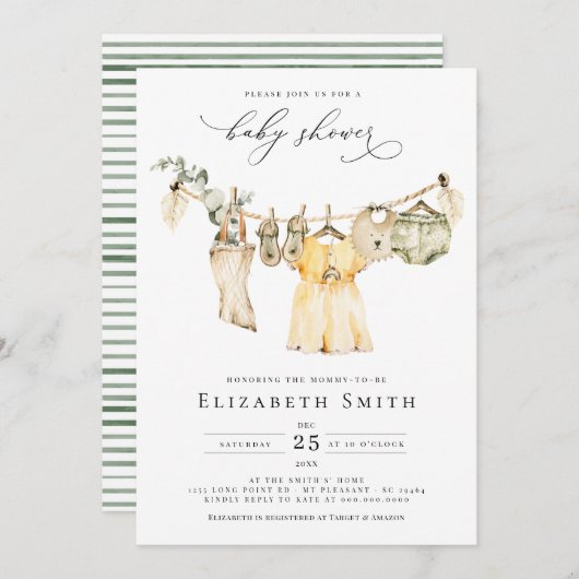 ベビーガールBoho緑素朴の赤ちゃんシャワー 招待状 (正面/裏面)