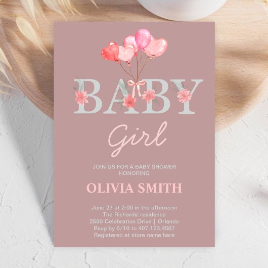 ベビーガールl水彩花&バルーンPink 招待状