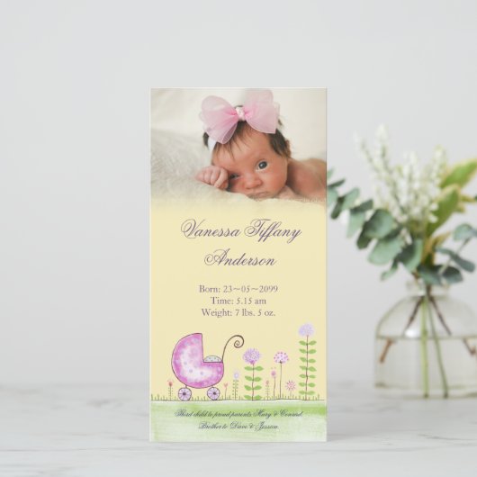 ベビーガールPram出産発表フォトカード 案内状 (スタンド正面)