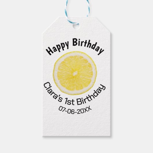 ベビーキッズ1stバースデーレモンスライス名前を追加する日付m ギフトタグ (正面)