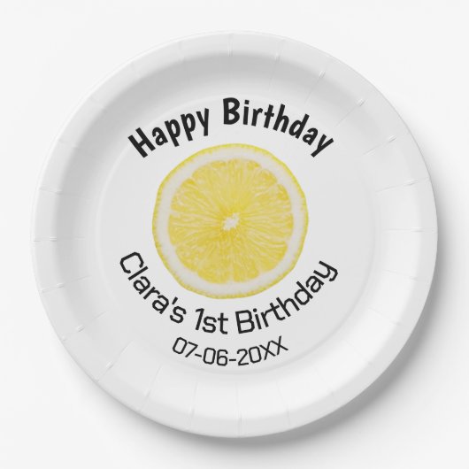 ベビーキッズ1stバースデーレモンスライス名前を追加する日付m ペーパープレート (正面)