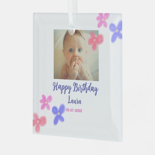 ベビーキッズ1st誕生日の追加name date追加フォト ガラスオーナメント (正面左)