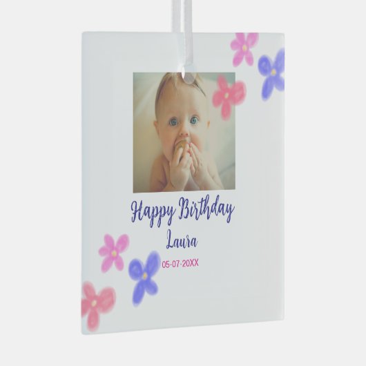 ベビーキッズ1st誕生日の追加name date追加フォト ガラスオーナメント (正面右)
