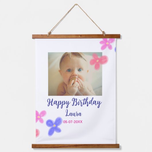ベビーキッズ1st誕生日の追加name date追加フォト 吊り下げ型タペストリー (正面)