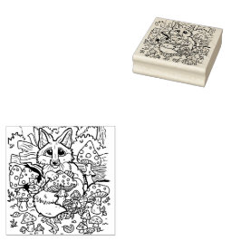 ベビーキツネとマッシュルームのゴム印 ラバースタンプ