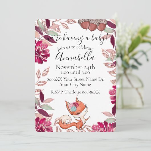 ベビーキツネと秋の葉の秋の赤ちゃんシャワーのInvite 招待状 (スタンド正面)