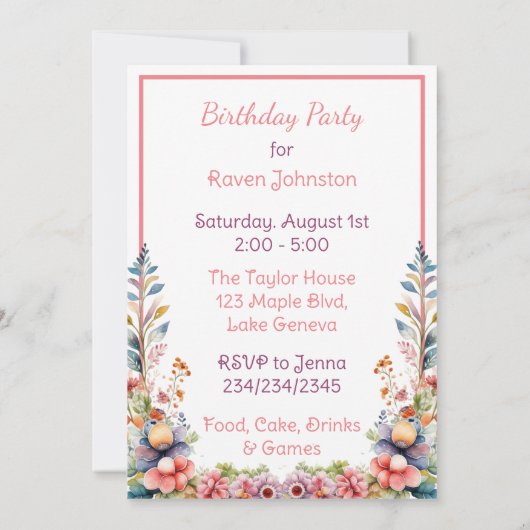 ベビーキツネインフラワーズガールズバースデーパーティー 招待状 (裏面)