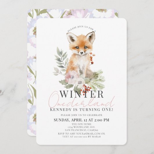 ベビーキツネウィンターオネダーランドガール1st誕生日 招待状 (正面/裏面)