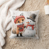 ベビーキツネ及び雪だるま クッション (ブランケット)