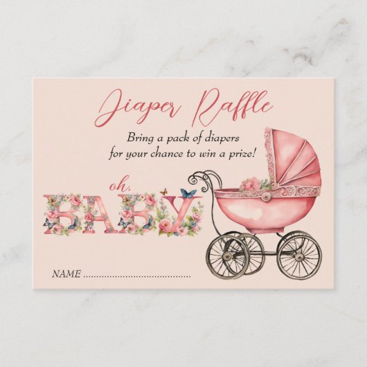 ベビーキャリッジガール赤ちゃんシャワーおむつラッフル エンクロージャーカード (正面)
