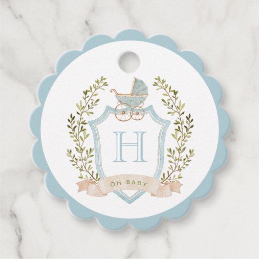ベビーキャリッジクレストモノグラム | ブルーベビーシャワー フェイバータグ (正面)