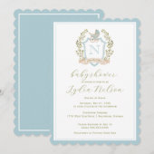 ベビーキャリッジクレストモノグラム | ブルーベビーシャワー 招待状 (正面/裏面)