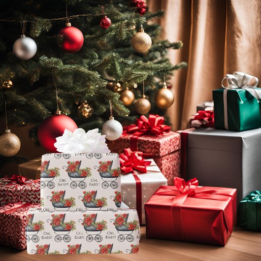 ベビーキャリッジポインセチアOhベビークリスマス ラッピングペーパー