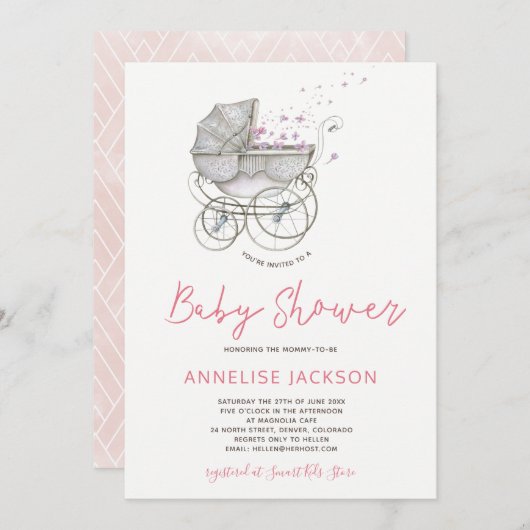 ベビーキャリッジ赤面水カラーベビーガールシャワー 招待状 (正面/裏面)