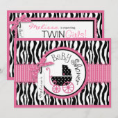 ベビーキャリッジ、ゼブラプリント、ホットピンクベビーシャワー 招待状 (正面/裏面)