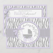 ベビーキャリッジ、ゼブラプリント、ラベンダーベビーシャワー 招待状 (正面/裏面)