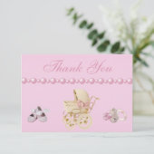 ベビーキャリッジ、靴、おしゃぶり、真珠ありがとう サンキューカード (スタンド正面)