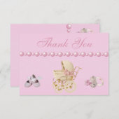 ベビーキャリッジ、靴、おしゃぶり、真珠ありがとう サンキューカード (正面/裏面)