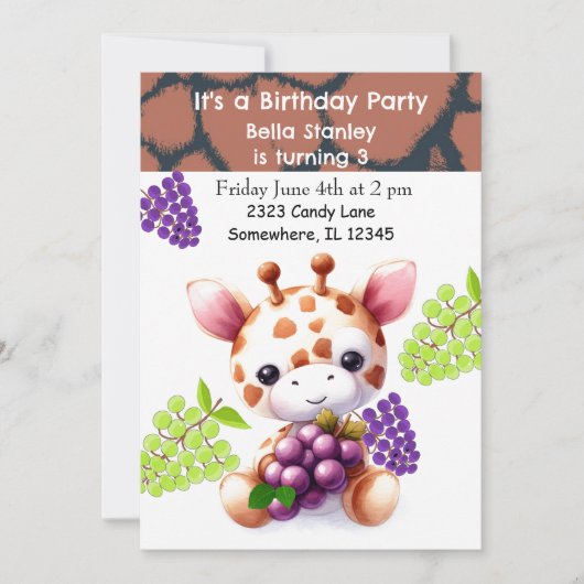 ベビーキリンとブドウ誕生日招待状 招待状 (正面)