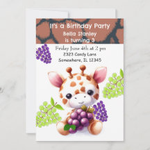 ベビーキリンとブドウ誕生日招待状