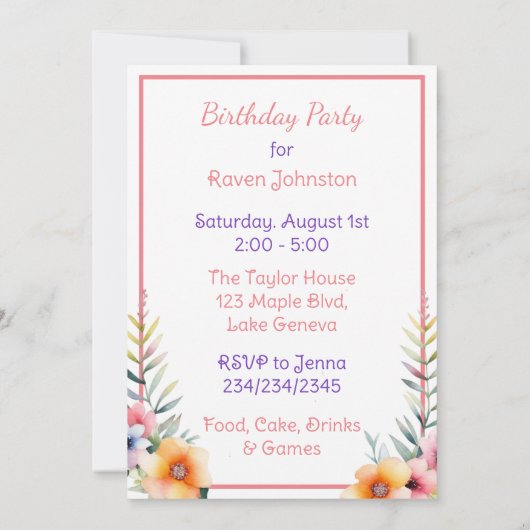 ベビーキリン花ガールズバースデーパーティー 招待状 (裏面)