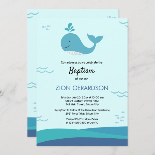 ベビークジラアンダーザシーバプテスマ招待状 招待状 (正面/裏面)
